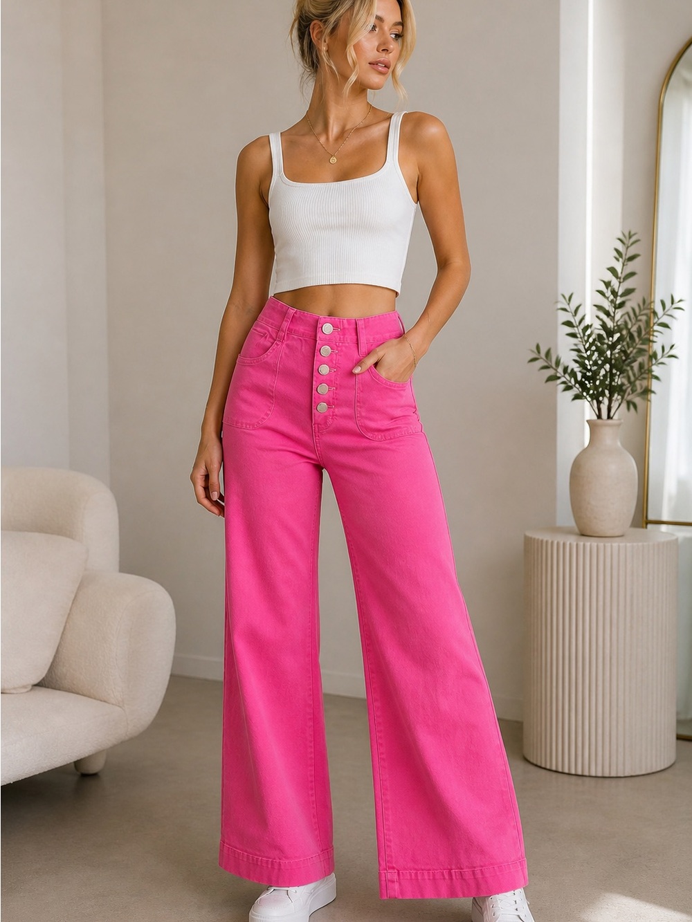 Black Label Hot Pink High Rise Button Fly Wide Leg Pants 27